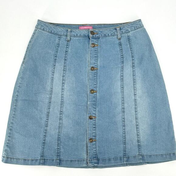VTG Woman Within Brass Button Front Knee Length A-Line Faded Jean Skirt Size 14W - Picture 1 of 6